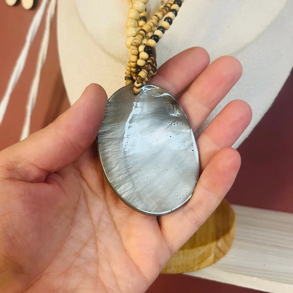 Natural Stone Beaded Necklace with Polished Shell Pendant | Boho Earthy Eclectic